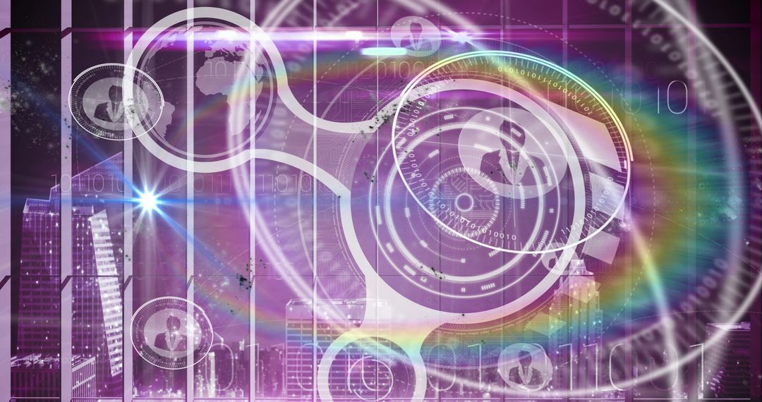 Futuristic Cityscape with Digital Hologram and Binary Code Overlay