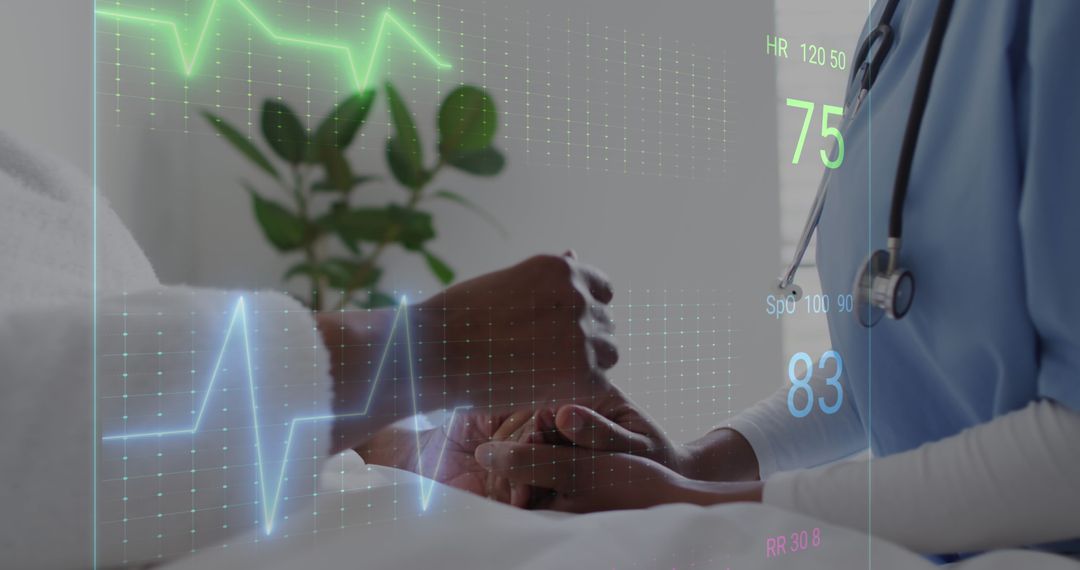 Doctor Comforting Senior Patient with Heart Rate Graphics Overlay
