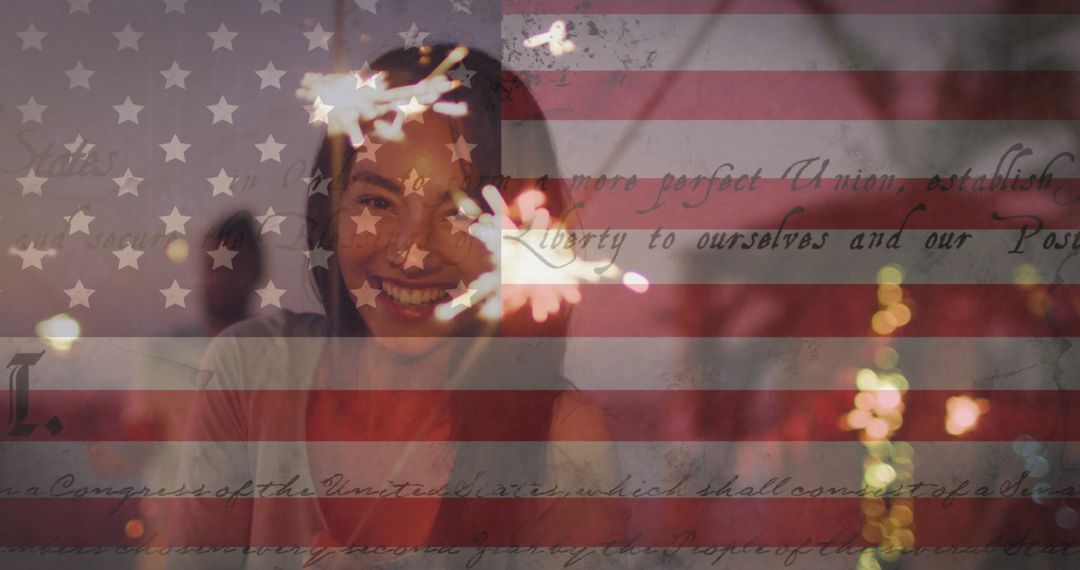 Waving American Flag and Constitution Overlay on Woman with Sparklers