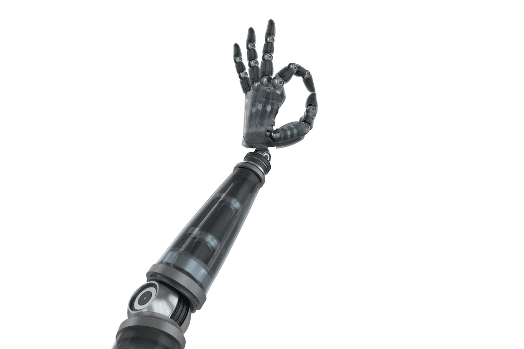 Transparent Robotic Hand Gesturing OK Sign in Futuristic Design