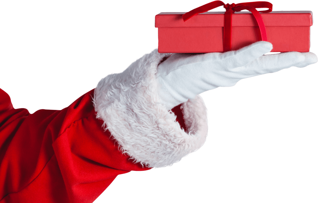 Transparent Santa Holding Festive Red Gift Box with Ribbon