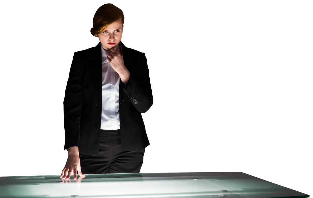 Pensive Businesswoman Standing by Table on Transparent Background