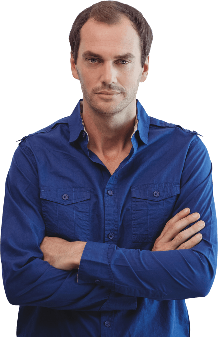 Confident Man with Crossed Arms in Blue Shirt on Transparent Background