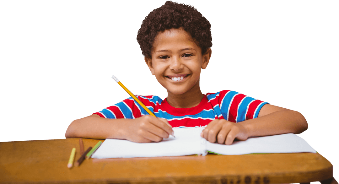 Cheerful Biracial Boy Writing in Notebook on Transparent Background