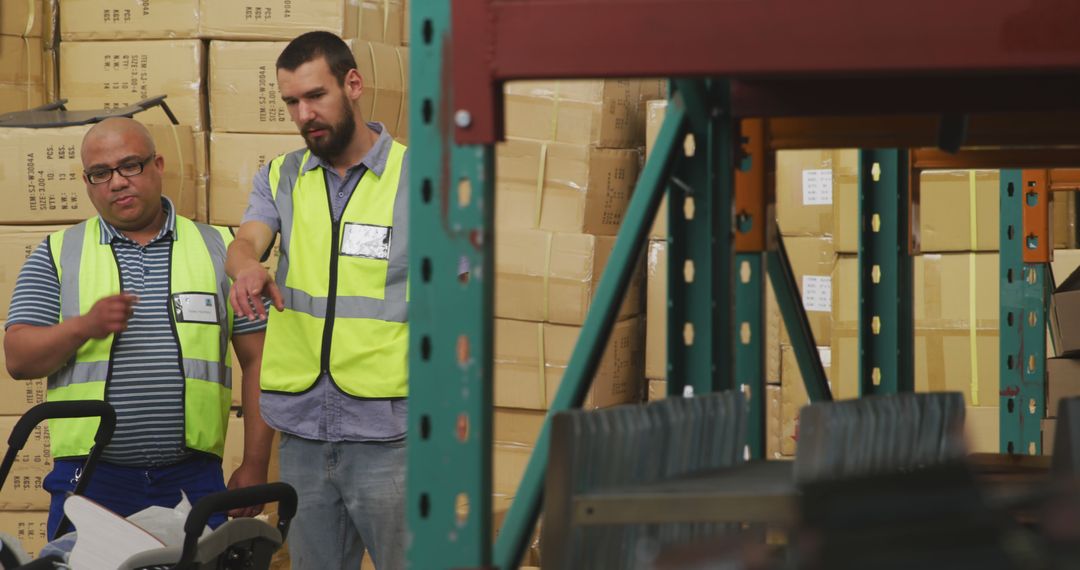 Warehouse Workers Discuss Inventory Management in Industrial Storage Facility - Free Images, Stock Photos and Pictures on Pikwizard.com