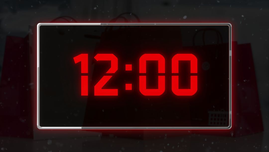 Red LED Digital Clock Showing 12:00 on Glossy Black Panel with Chrome Bezel
