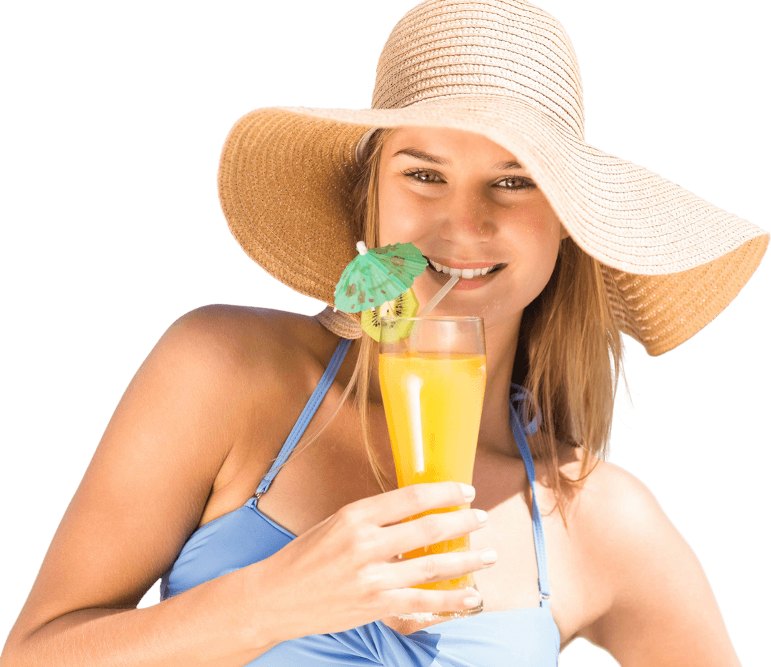 Smiling Woman Enjoying Refreshing Lemonade in Summer Attire