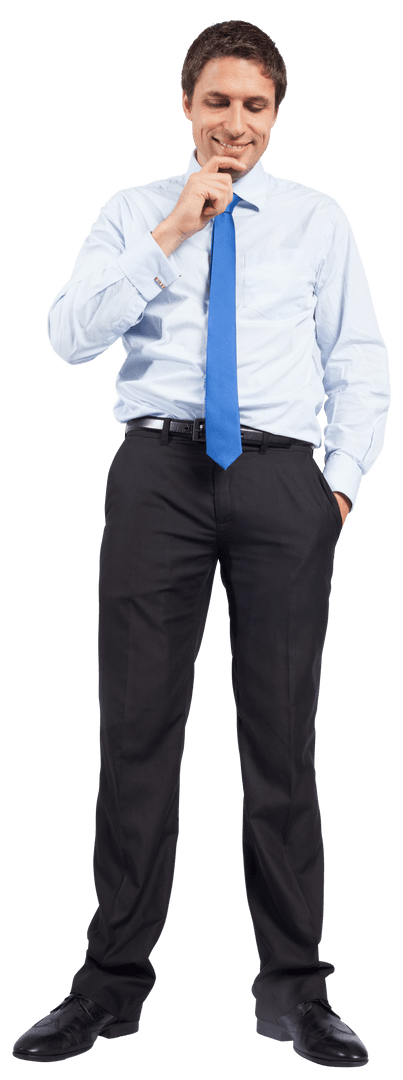 Transparent Businessman Thinking with Blue Tie and Hands in Pockets