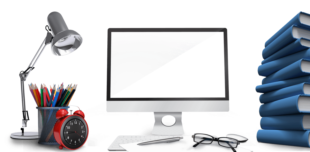 Transparent Workspace with Computer and Books for Education and Creativity