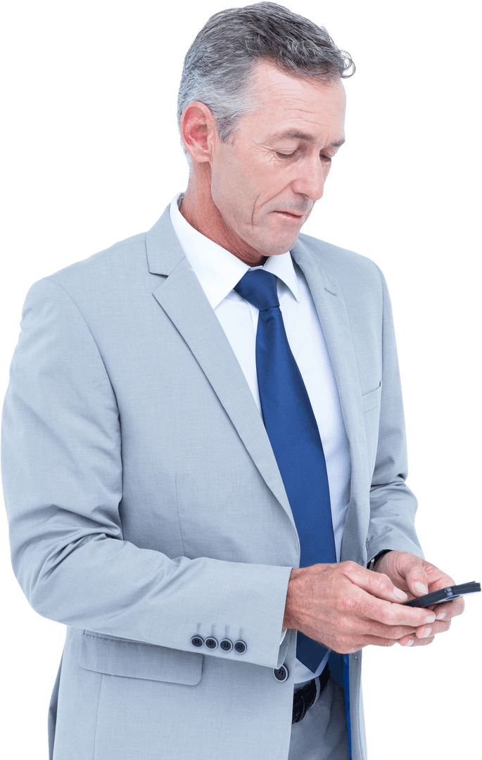 Transparent Professional Man Checking Smartphone Gray Suit