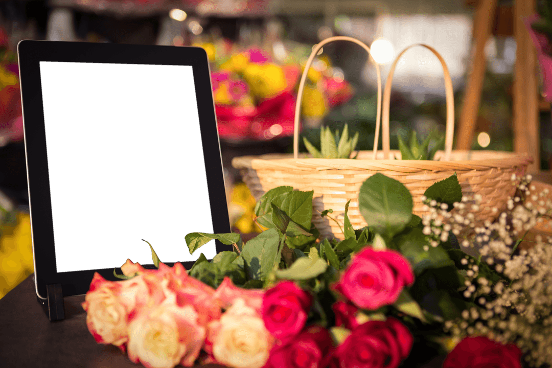 Transparent Black Tablet Display Amidst Colorful Fresh Flowers