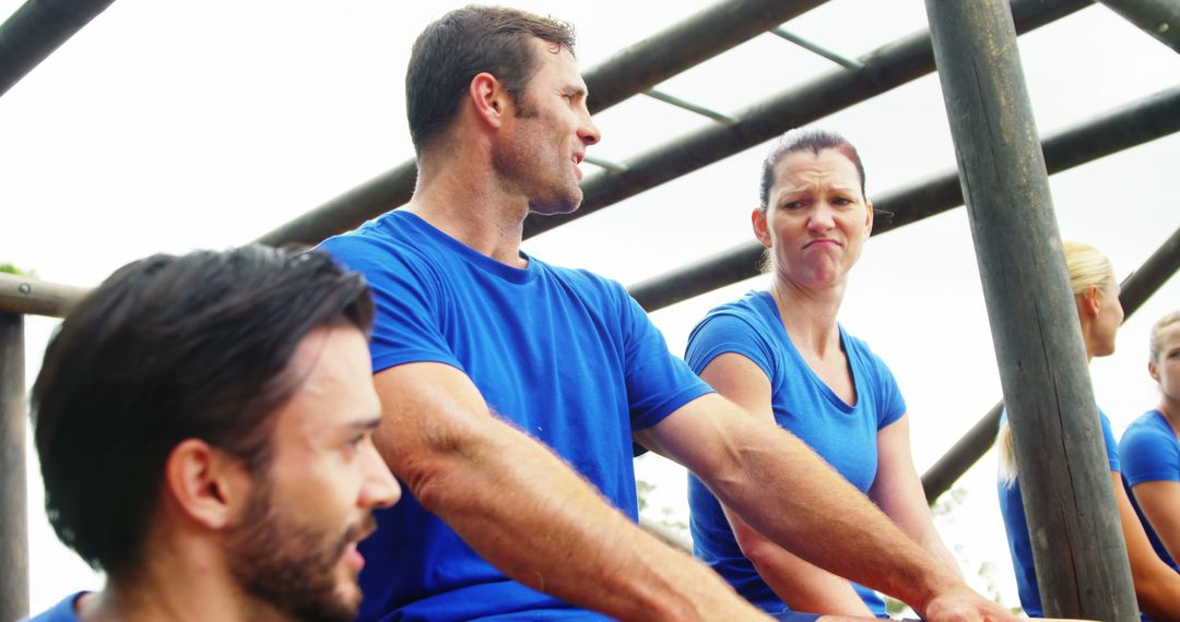 Group of Adults Wearing Blue Shirts Resting during Outdoor Fitness Training - Free Images, Stock Photos and Pictures on Pikwizard.com