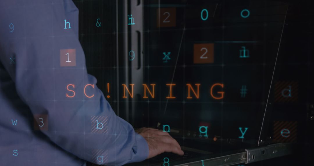 Cyber Security Concept with Man Scanning Network in Server Room