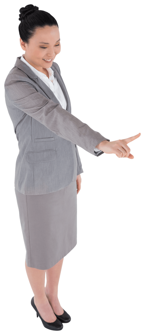Transparent Happy Asian Businesswoman Pointing with Confidence