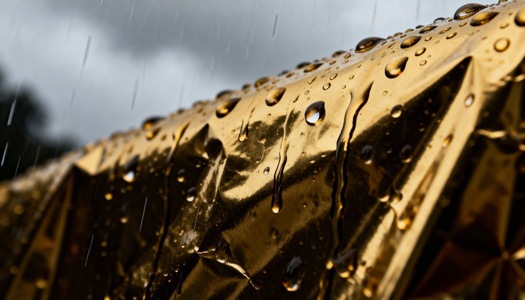 Glinting Crumpled Gold Foil Reflecting Rain Droplets Closeup