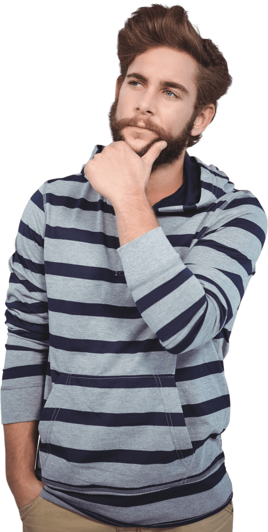 Thoughtful Man Pondering in Striped Sweater with Transparent Background
