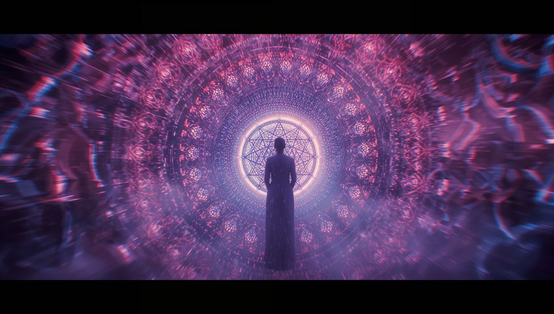 Mystical Figure Gazes at Glowing Arcane Portal