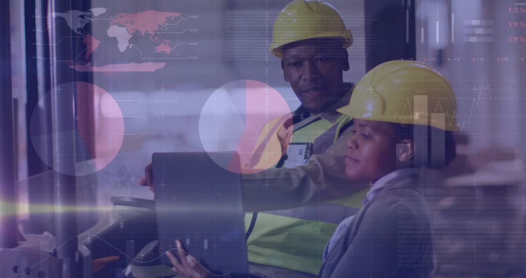 Warehouse Workers Analyzing Data with Technological Overlay