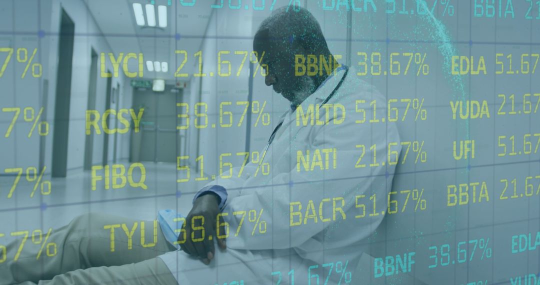 Overworked Doctor Asleep with Stock Data Overlay in Corridor