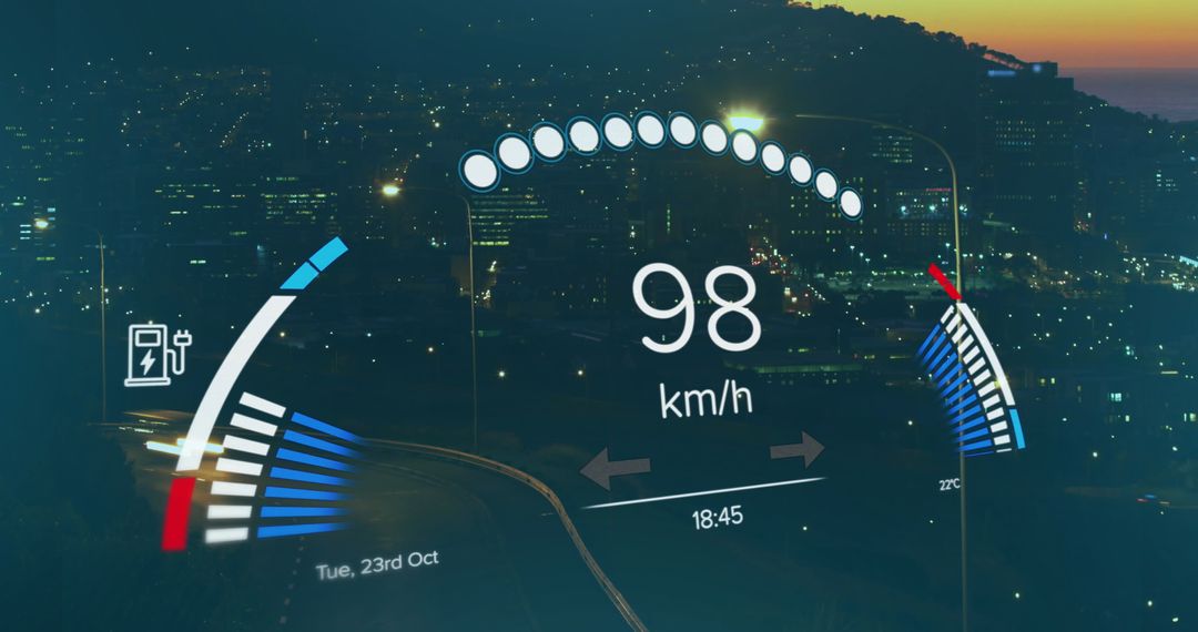 Digital Speedometer Display Over Cityscape at Dusk