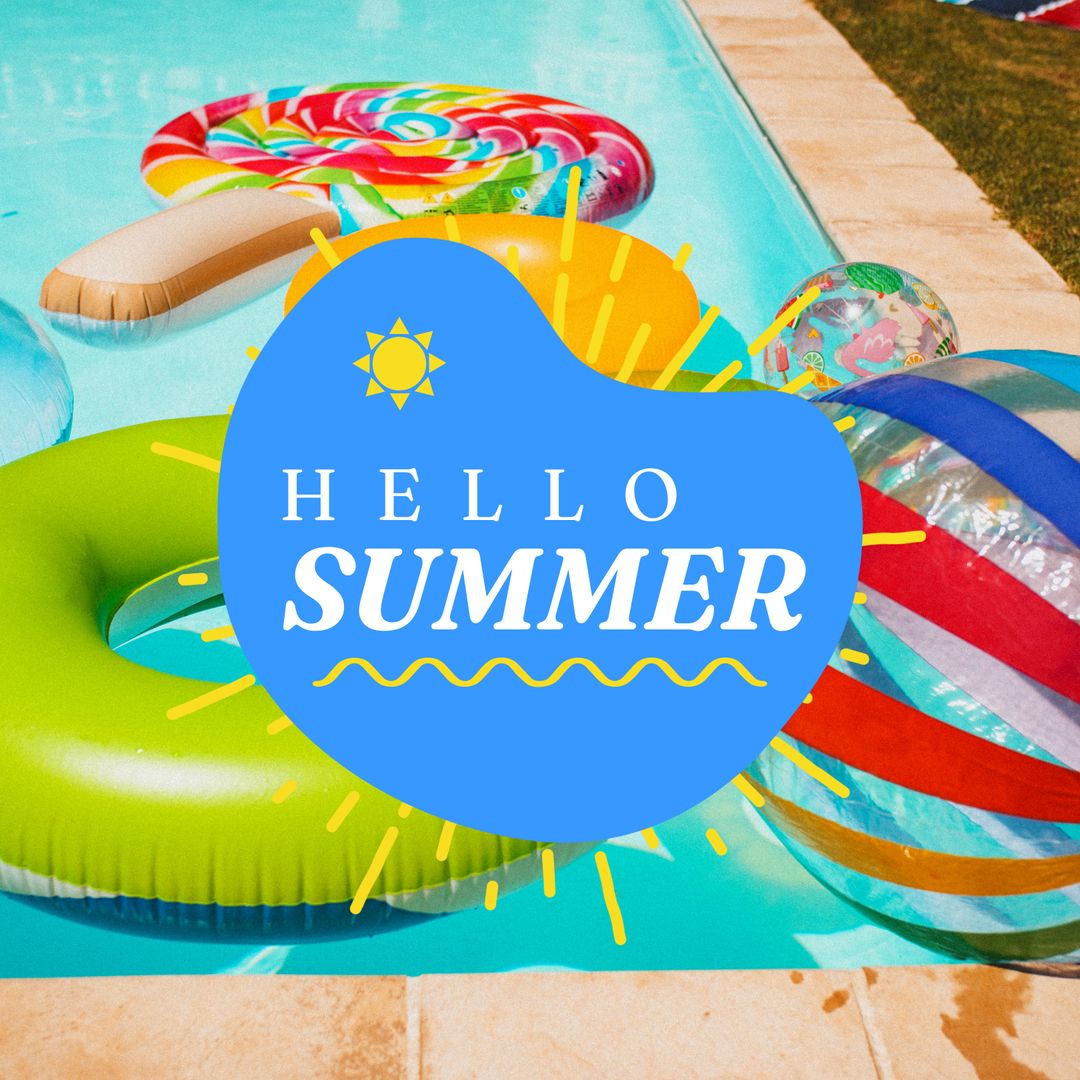 Colorful Inflatables in Pool with Hello Summer Greeting