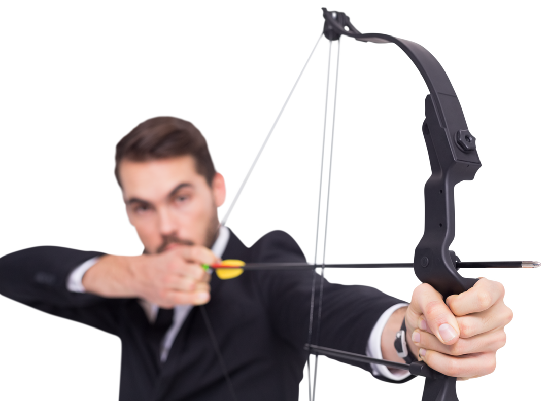 Transparent close-up of focused businessman drawing bow and arrow - Download Free Stock Images Pikwizard.com