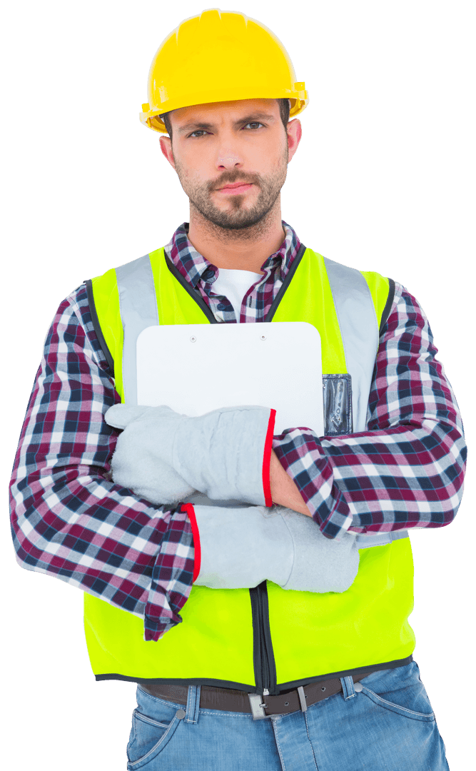 Transparent Confident Handyman Holding Clipboard in Reflective Clothing