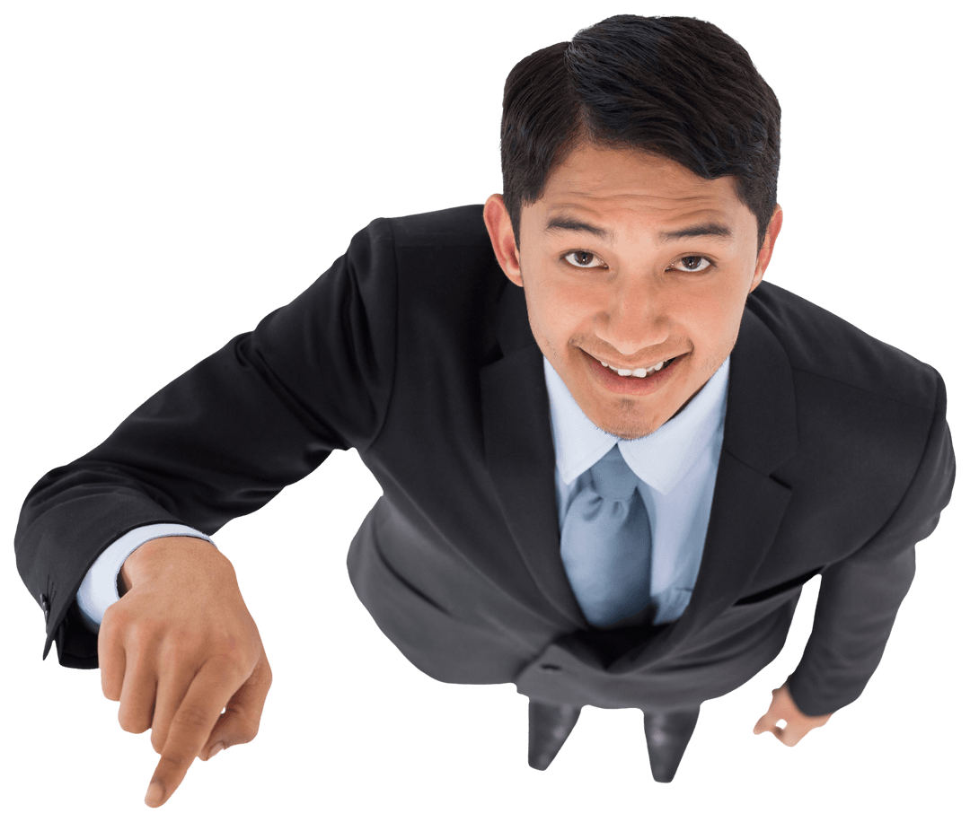 Top View of Smiling Asian Businessman on Transparent Background