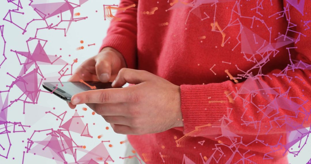Caucasian Man Using Smartphone with Digital Network Graphics