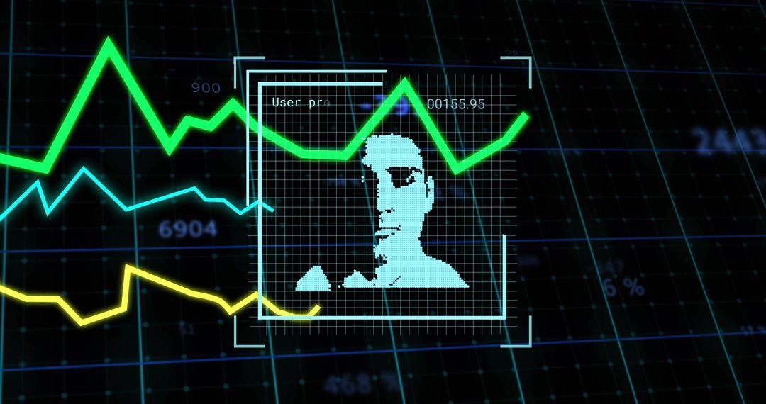 Futuristic HUD Facial Recognition Avatar with Neon Waveform Analytics and Grid Interface