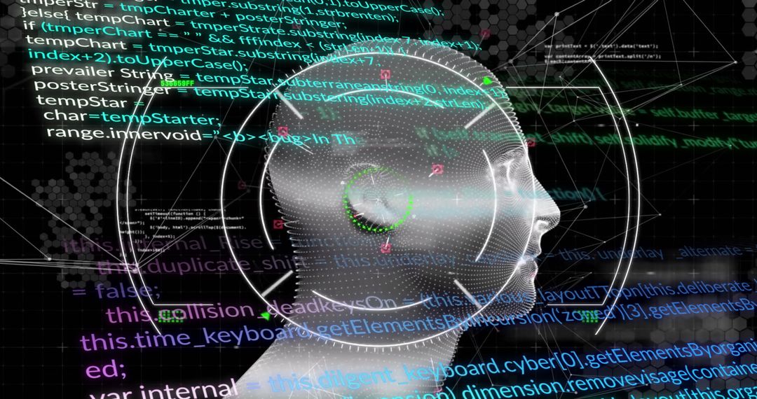 Digital Human AI Head with Data Processing Overlay