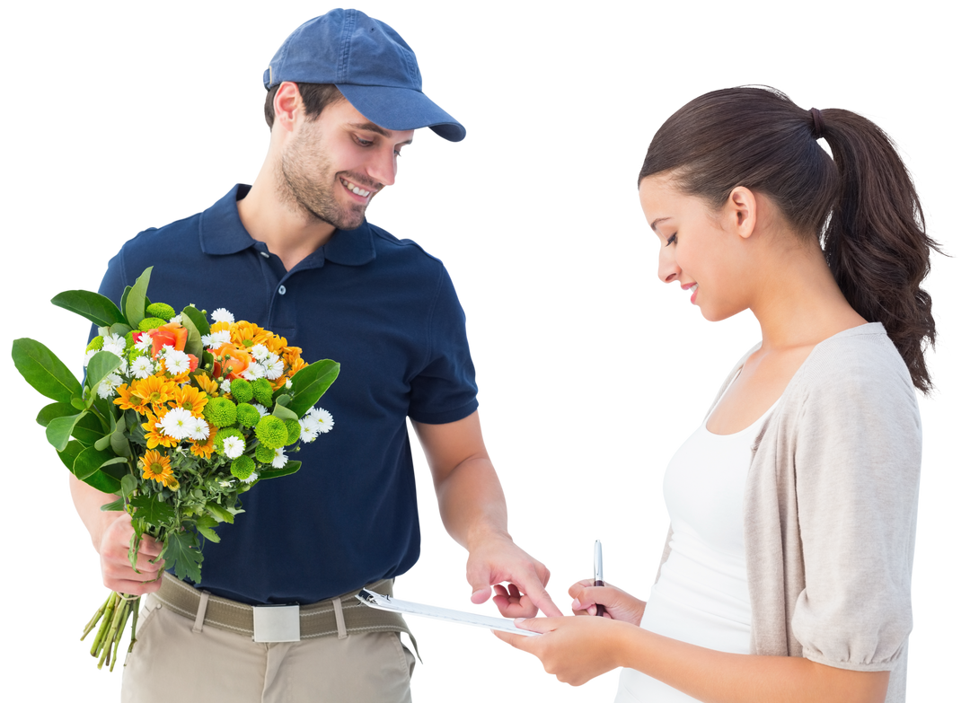 Transparent Happy Flower Delivery Man Interacting with Customer Background Removed - Download Free Stock Images Pikwizard.com