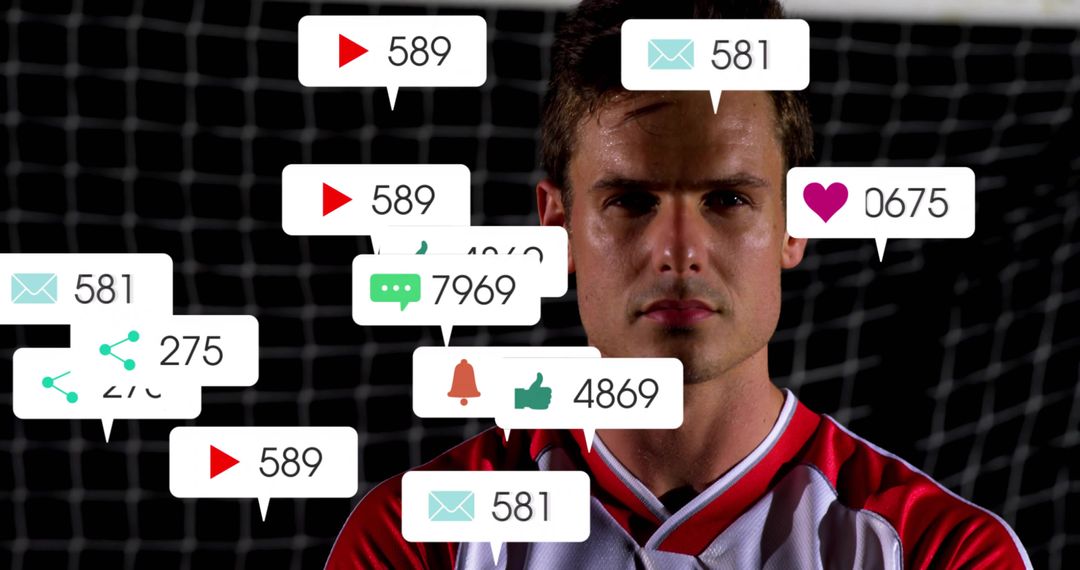 Athlete with Social Media Pop-ups on Soccer Field at Night