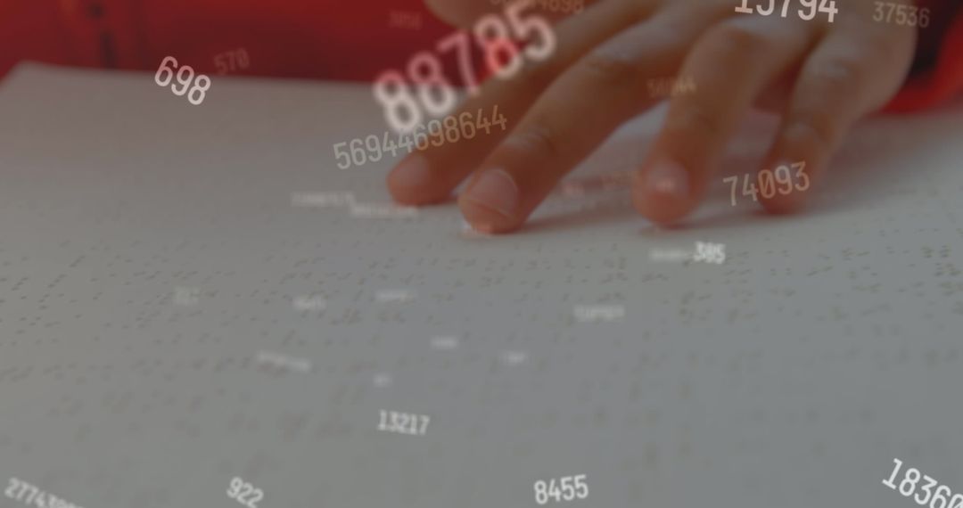 Child Reading Braille with Floating Numbers in Background