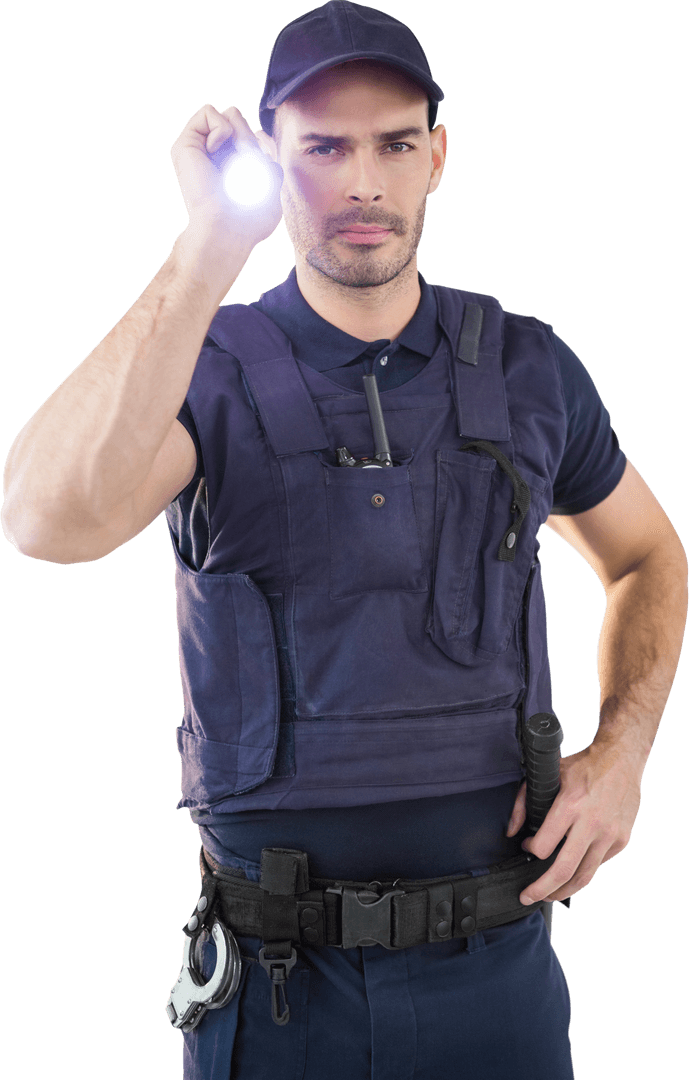 Transparent Portrait Security Officer Holding Lit Flashlight