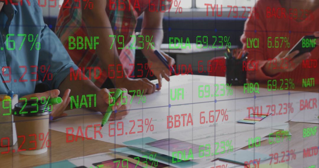 Diverse Team Collaborating with Stock Market Data Overlay