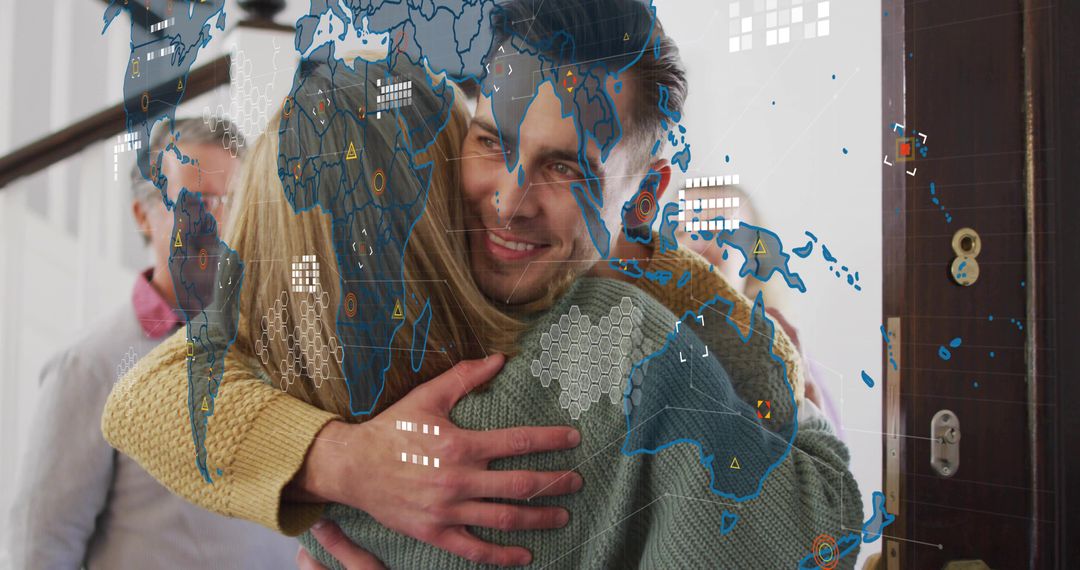 Couple embracing at home doorway with global data overlay, warm knitwear, family reunion