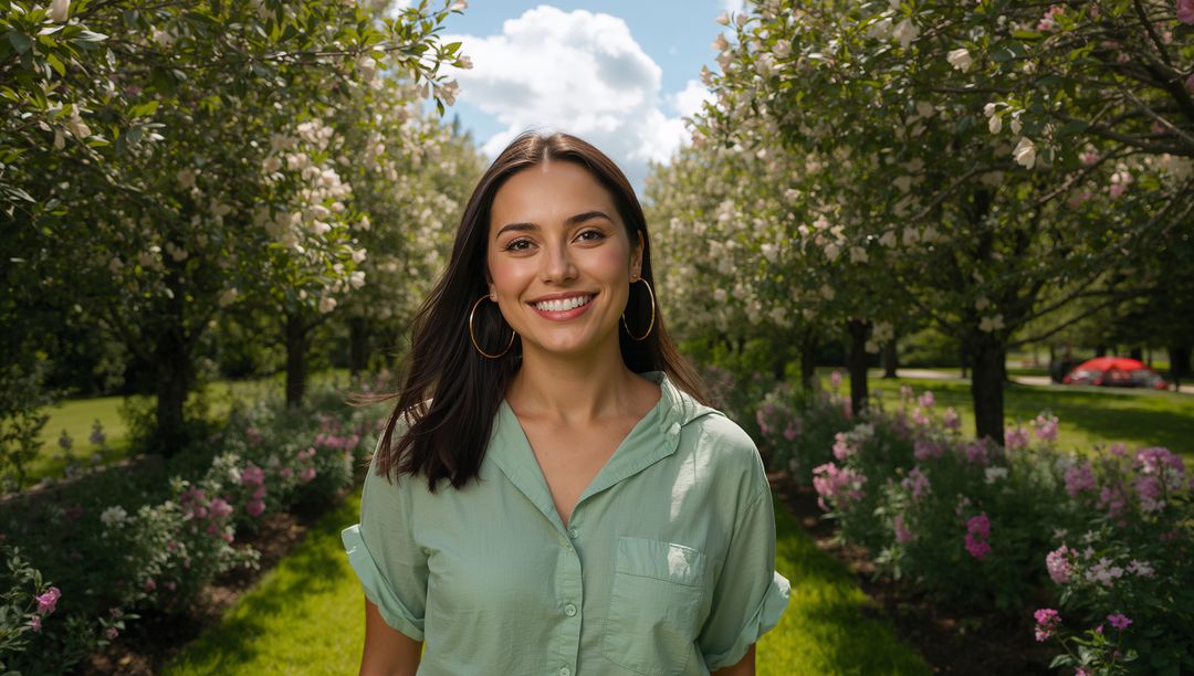 Smiling Woman Strolling Through Blossoming Orchard in Springtime
