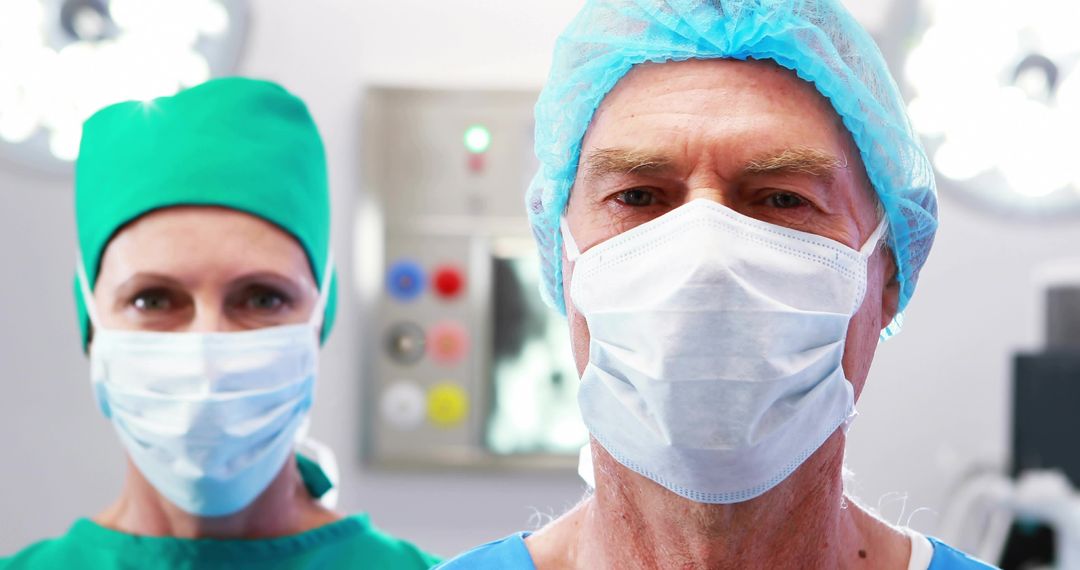Senior surgeon leading surgical team in scrub cap and mask in operating room