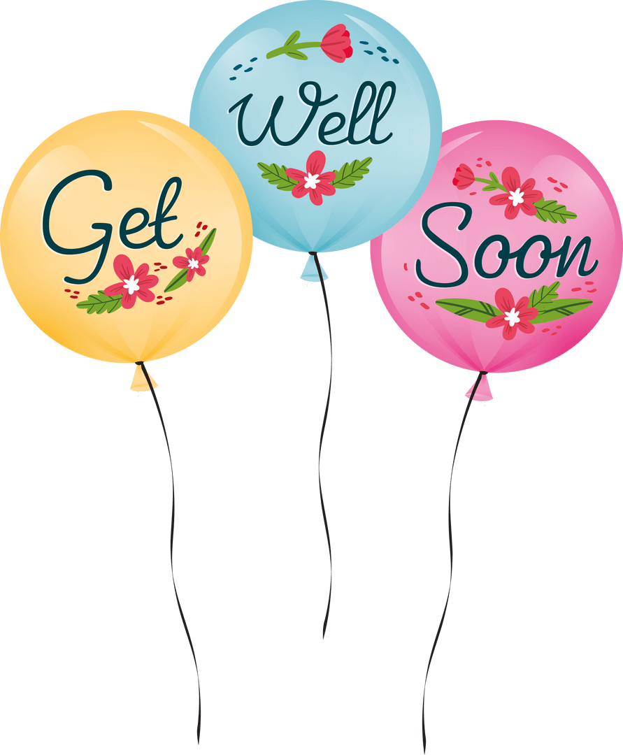 Colorful Get Well Soon Balloons with Floral Design on Transparent Background