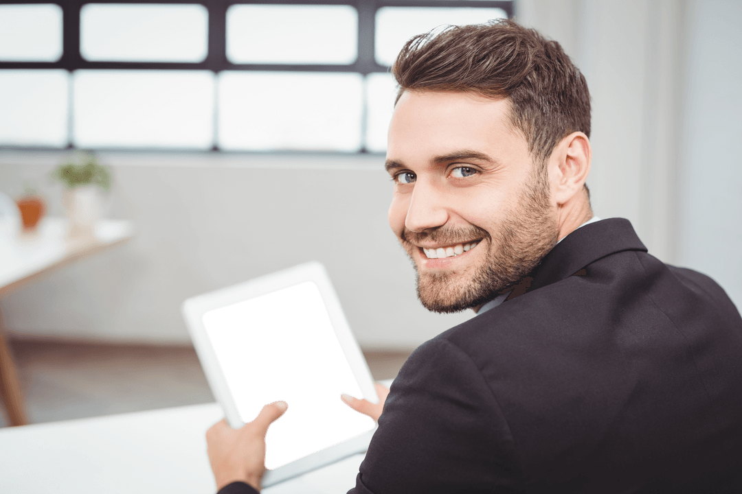 Smiling Businessman Holding Transparent Tablet