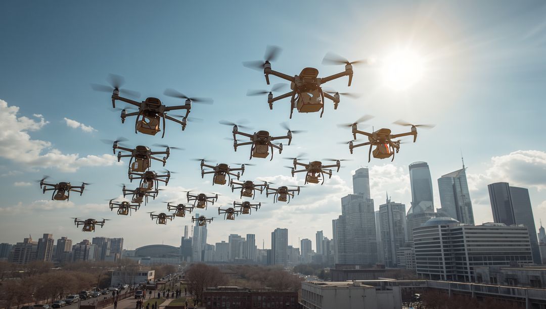 Hovering Autonomous Delivery Drone Fleet Over Futuristic City Skyline Carrying Cargo Pods
