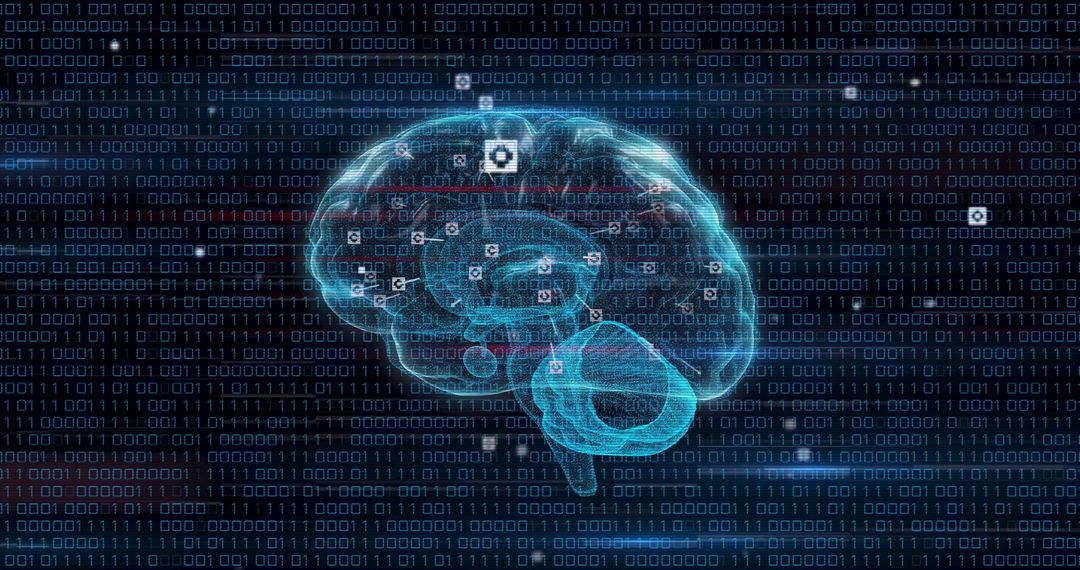 Conceptual Digital Brain with Binary Processing and Technology Icons