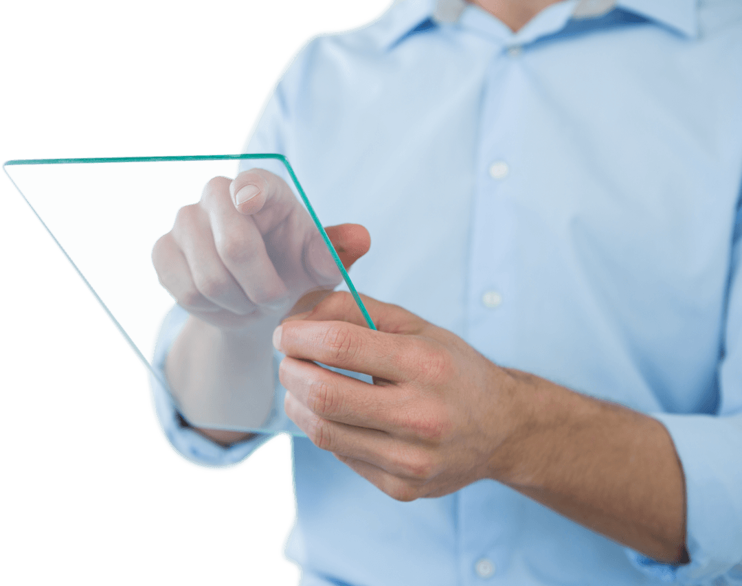 Businessman using transparent futuristic digital tablet in blue shirt