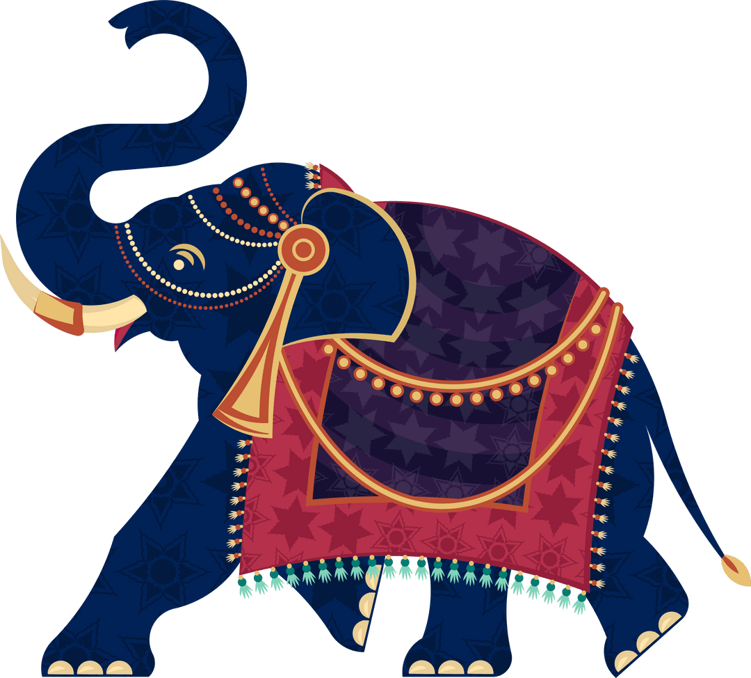 Regal Elephant Facing Left on Transparent Background with Cultural Detailing