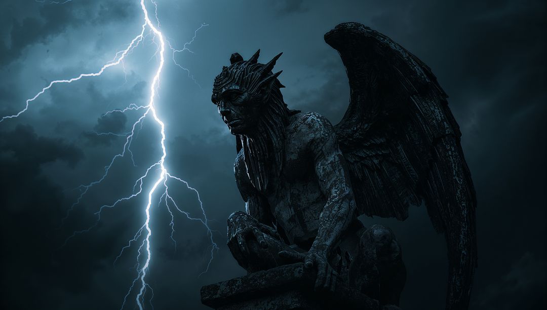 Gothic Gargoyle Crouching Under Dramatic Lightning
