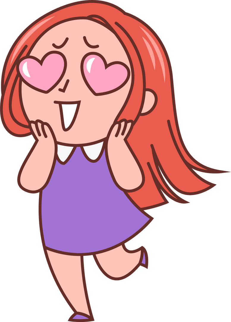 Joyful Cartoon Girl with Pink Heart Eyes on Transparent Background