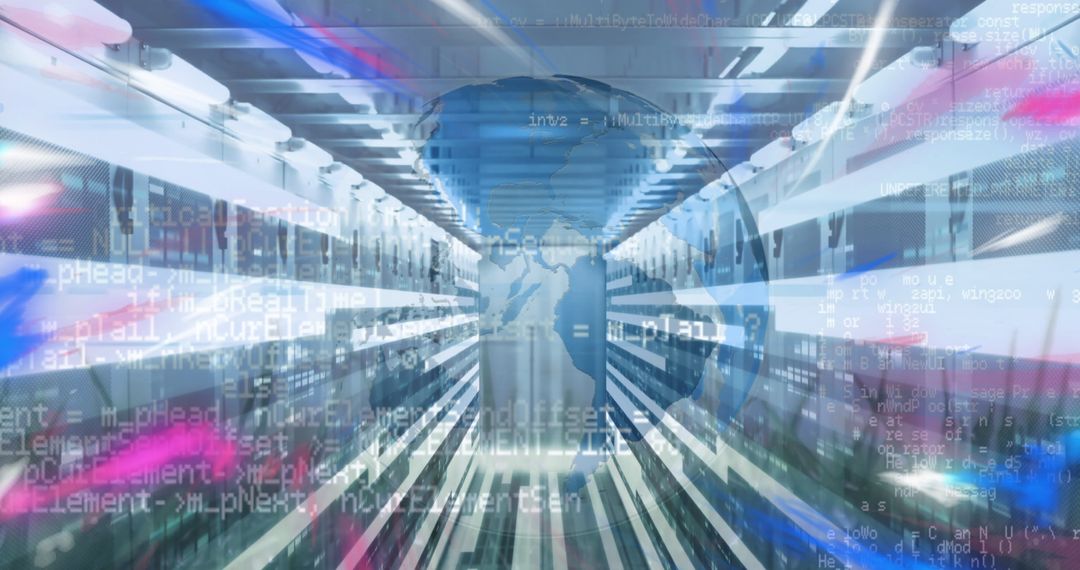 Futuristic Data Center Corridor with Glowing Servers and Code Overlay