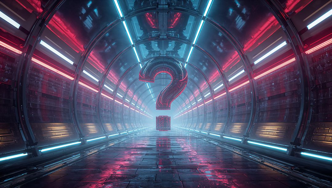 Futuristic Corridor with Glowing Question Mark