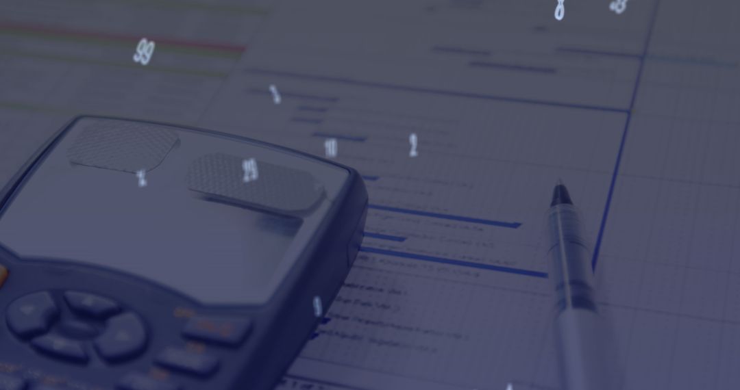 Calculator and Pen on Work Desk with Digital Numbers Overlay